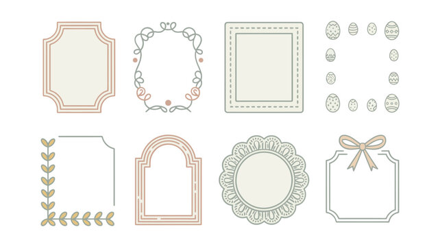 Spring wedding frames and labels set, pastel borders, laurel wreath corners, arch window frame, lace badge, baby shower invitation vector