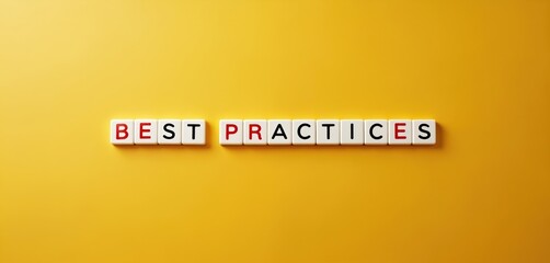 White tiles with red and black letters spell BEST PRACTICES on a vibrant yellow background. Minimalist composition suggests standards and guidelines.