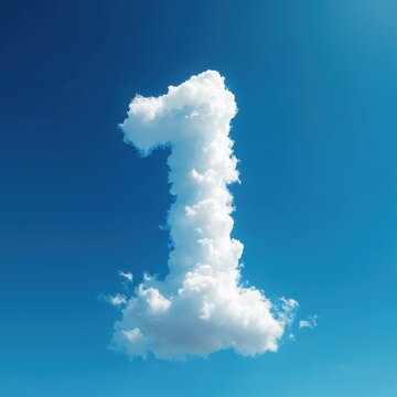 White cloud forms number one shape against clear blue sky background. Fluffy cloudscape symbolizes first place success, goals, or beginnings.