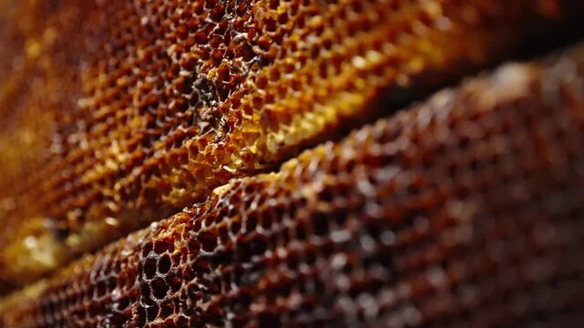 Macro view of golden honeycomb layers revealing hexagonal beeswax cells filled with honey and nectar, showcasing natural geometry, rich texture, and organic hive craftsmanship