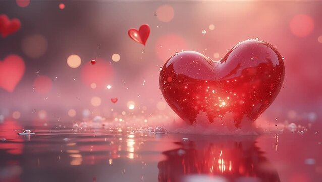 Shiny Red Heart Reflecting on a Tranquil Surface with Floating Hearts