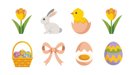 Fototapeta premium Easter celebration icon set, spring festival elements, bunny rabbit, baby chick, tulip flower, egg hunt basket, ribbon bow, decorated egg