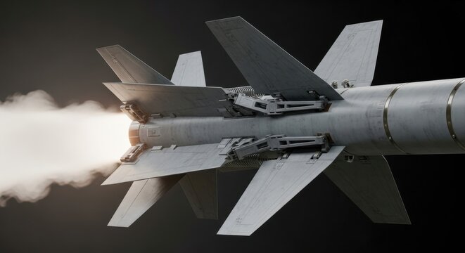 Close up view of modern guided missile in flight with exhaust trail, advanced military weapon technology illustrating precision strike, defense capability and contemporary warfare concept