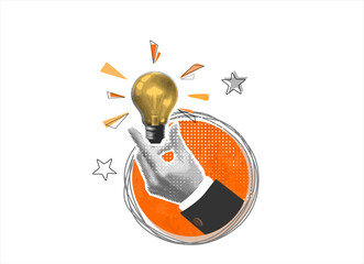 Trendy halftone collage banner with hand giving lightbulb. Concept of creative idea or brainstorm. Contemporary vector illustration
