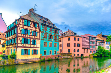Fototapeta premium The Petite France Quarter Quartier des Tanneurs, colorful houses medieval buildings on bank of River Ill canal in old town Strasbourg city Centre Ville Grande ile Grand Island, Alsace region, France