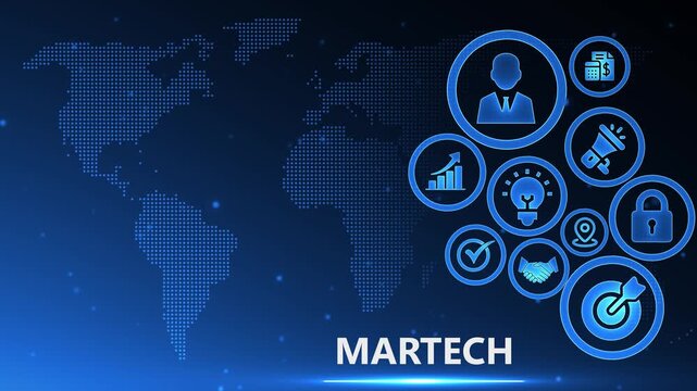 Martech Digital Globe Network: Business Icons of Marketing Technology, Data Analysis, and Global Strategy on World Map Background