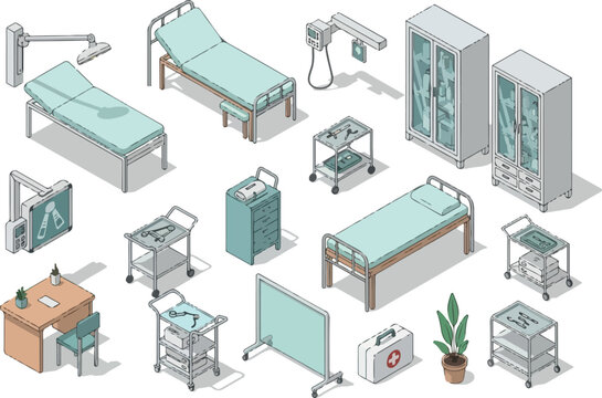 Isometric Medical Equipment Illustration Beds, Tables & Cabinets