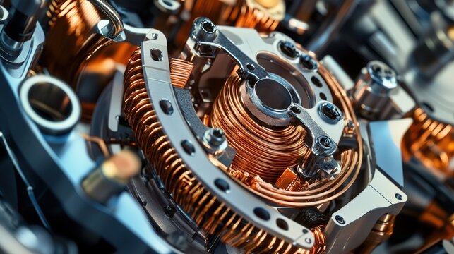 commutator. A disassembled electric motor revealing its internal copper commutator segments. product launch decks, UI/UX mockups, designed for product launches and innovation pitches.
