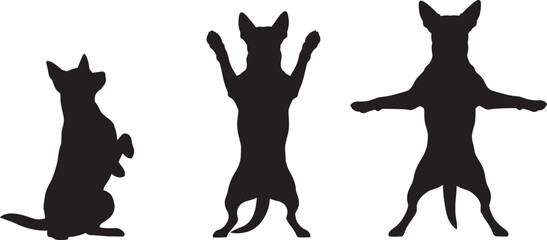 Playful Black Silhouettes of a Small Dog in Various Cute Poses Including Standing on Hind Legs and Begging Isolated on a White Background