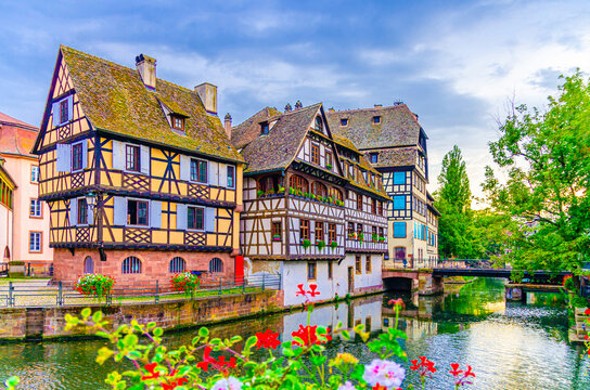 The Petite France Quarter Quartier des Tanneurs, half-timbered houses medieval buildings and Pont du Faisan bridge, River Ill canal in old town Strasbourg city historic Centre, Alsace region, France