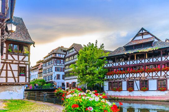 Strasbourg city historic centre The Petite France Quarter, Maison des Tanneurs house medieval buildings, quay embankment of River Ill canal in old town Grand Island, Alsace Grand Est region, France
