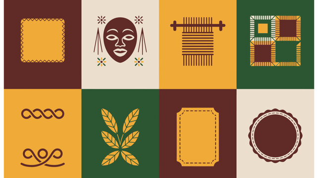 Cultural heritage patchwork grid, tribal mask frame, weaving loom motif, adinkra borders, black history month program poster, community celebration graphics