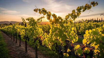 Fototapeta premium Vineyard rows at sunset with lush green grapevines.