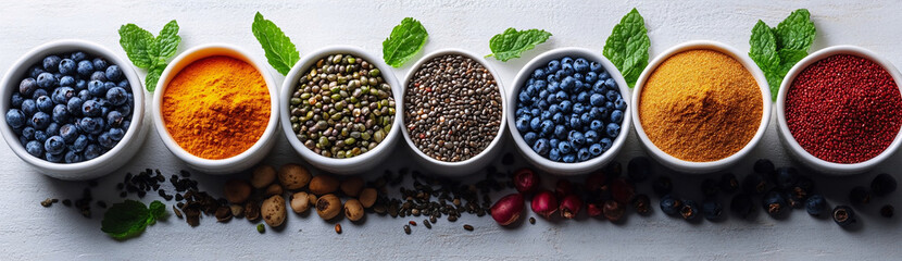 A selection of nutritious foods and spices arranged in small white bowls on a gray surface with scattered ingredients and fresh mint leaves