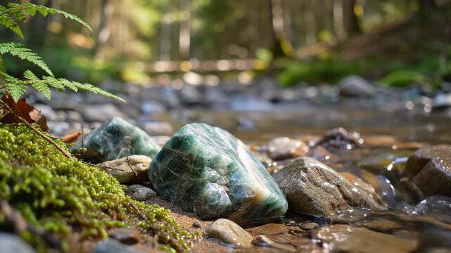 Amazonite Gemstones in a Sun Dappled Forest Stream