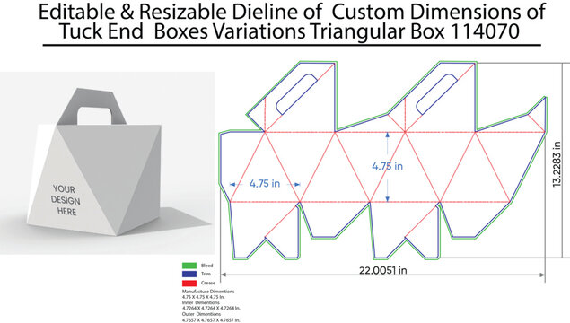 Triangular Tuck End Box Dieline with Dimensions and Template