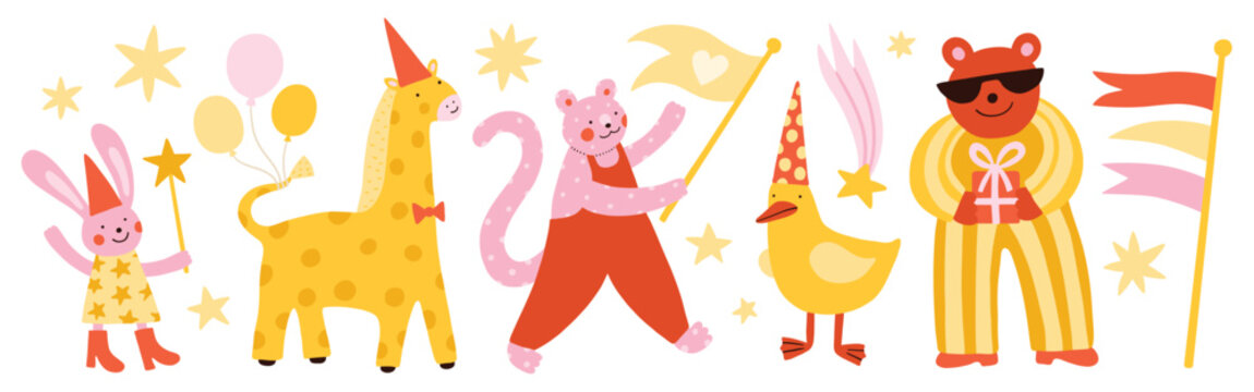 Cute fun cartoon party animals celebrating birthday. Happy birthday illustration set. Hand drawn funny whimsical animals, playful characters for children. Rabbit, giraffe, leopard, duck, bear. Vector