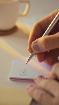 Seated man pens thoughtful notes morning notebook session, engaging in pre-workday planning. With silver pen in hand, he concentrates on jotting down key details to organize his days work efficiently