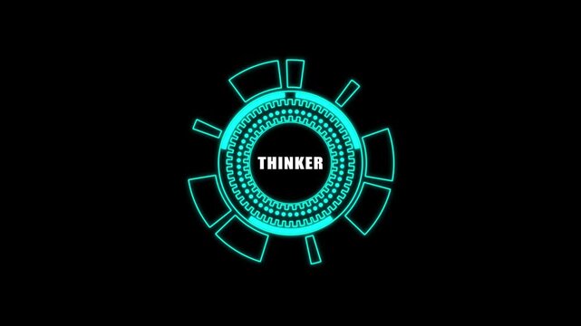 Neon thinker concept glowing blue circular with gear and dot patterns on black background