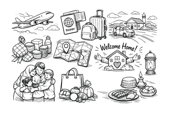 elcome home and travel homecoming vector set in hand drawn doodle style featuring happy family hug house map luggage and Indonesian food elements.