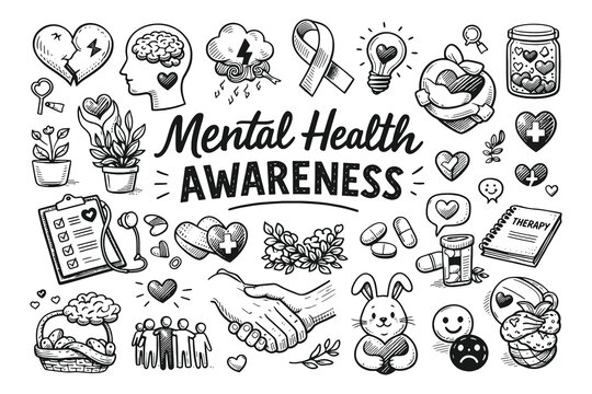 Mental health awareness vector illustration set featuring psychological wellness icons and supportive symbols in a hand drawn doodle style.