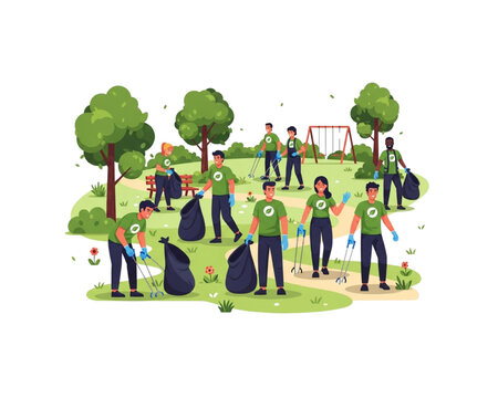 Group of volunteers cleaning park waste with trash bags and grabbers. Diverse community team picking up garbage for nature protection. Eco-friendly charity concept. Flat vector illustration.