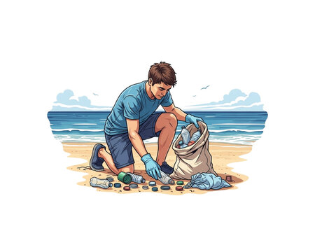 Man collecting plastic bottles and litter on sandy beach shoreline, ocean cleanup and marine pollution awareness concept flat vector illustration with sea background