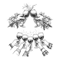Naklejka premium Hand drawn vintage engraving style vector illustration of two hands clinking wine glasses with decorative grapevine branches and grape clusters.