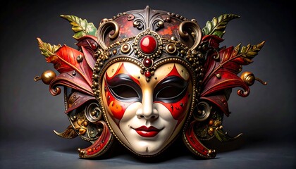 Ornate and detailed masquerade mask with red, gold, and white accents, floating on a dark backdrop