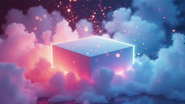 Ethereal Light Box Surrounded by Colorful Clouds and Particles