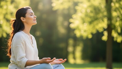 A serene woman practices meditation in a sun-dappled park, embodying mindfulness, peace, and the harmonious integration of mind and body.