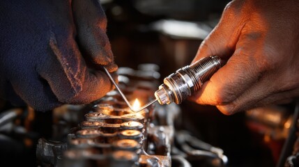 Home mechanic carefully scrubs spark plug deposits with wire brush in a welllit garage setting emphasizing handson maintenance for improved engine performance.