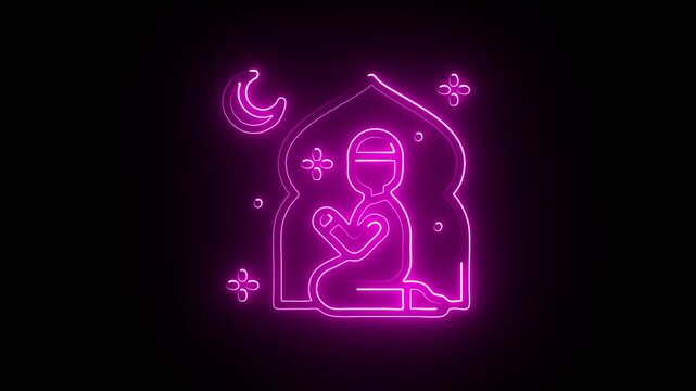 Neon glowing woman praying inside mosque outline with crescent moon and islamic symbols purple background