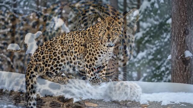 Amur Leopard Resting on Snowy Branch in Winter