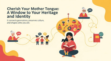 Obraz premium Woman reading book surrounded by family and cultural heritage symbols