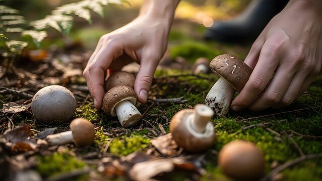 Hands carefully gather freshly foraged mushrooms, nestled among moss, leaves, and woodland, an inviting close-up.