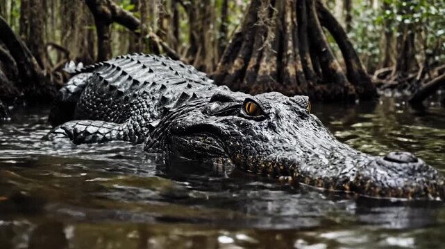 Ancient Alligator Lurking in Murky Swamp Waters