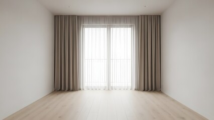 The minimalist architecture of an empty room, bathed in soft, natural light, through a large window, conveying a sense of serenity and infinite possibilities.