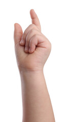 Little girl holding something on white background, closeup