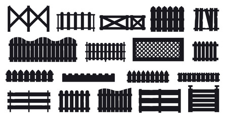 Fence silhouettes. Black wooden garden border icons, country rural simple panel gate, boundary protection elements. Vector black wood wall set