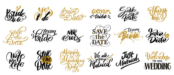 Fototapeta premium Romantic save the date wedding phrase with beautiful calligraphy font for invitation card and celebration. Party decor, engagement and anniversary with retro lettering and love quote. Vector set