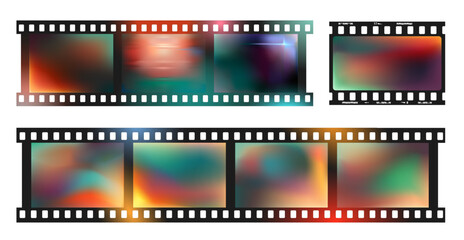 Film strip light leak effect. Retro filmstrips with holographic light leak and for cinema, movie banner, vintage photo template. Iridescent, neon rainbow effect, abstract background analog aesthetic