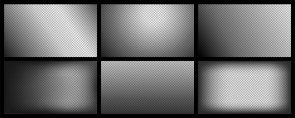 Fototapeta na wymiar Transparent black gradient overlay with soft vignette and fade for cinematic background, banner template and subtle film texture. Dark mask and blur effect layout, isolated alpha edges vector set