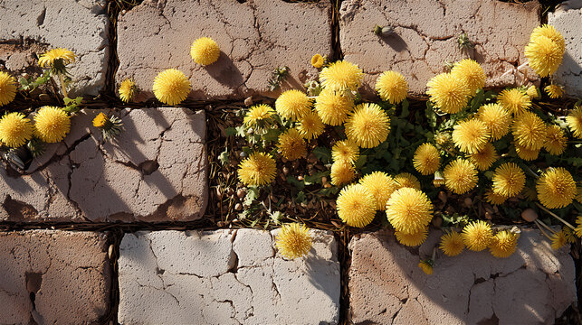 ひび割れた地面から咲く黄色いタンポポの花