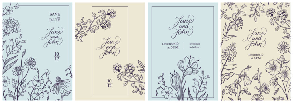Wedding invitations with botanical frames and wildflower borders for save the date cards, elegant ceremony templates. Engagement announcements, printable RSVP design isolated vector set