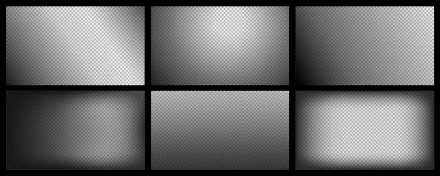 Transparent black gradient overlay with soft vignette and fade for cinematic background, banner template and subtle film texture. Dark mask and blur effect layout, isolated alpha edges vector set