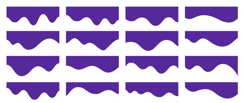 Curved headline. Wavy header shape for website banner, landing page modern separator, fluid divider or border. Abstract purple curves and drippy blobs for hero layout, frame vector isolated set