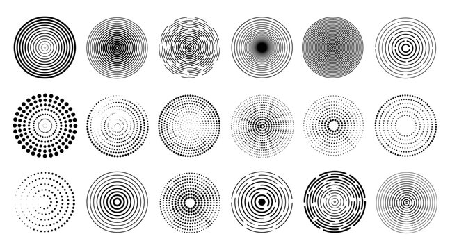 Concentric circle pattern with radial dotted rings and abstract ripple sound waves, optical illusions, line geometric elements. Hypnotic vertigo spiral, dot gradient, retro halftone vector textures