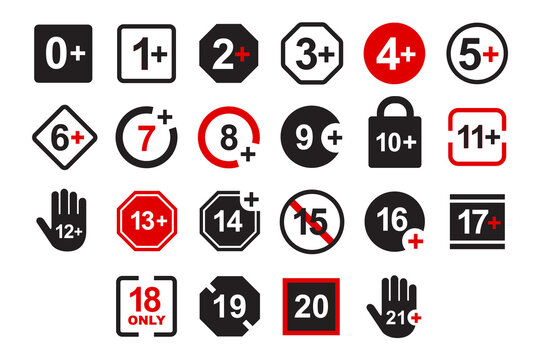 Age restriction label with warning symbols for parental guidance, content control and media censorship in adult or teen access design. Age censor year plus limit icon vector set