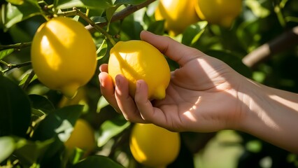Close-up view of a hand carefully picking a ripe lemon, embodying the essence of nature's bounty and the art of cultivation.